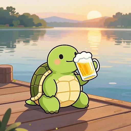Cute Turtle Enjoying Beer at Sunset
