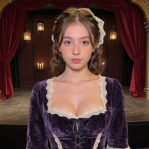 Photograph of a young woman with fair skin, brown hair, and delicate features, wearing a black velvet dress with white lace trim, standing in a