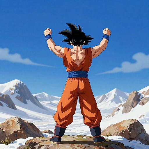 Anime Hero in Snowy Mountain Landscape