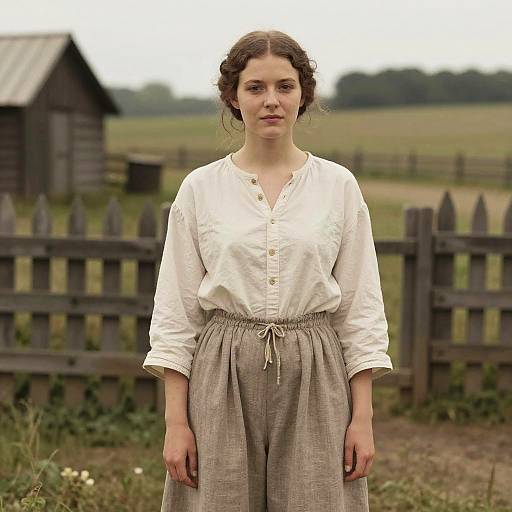 Photograph of a young woman with fair skin and brown hair in a white blouse and beige high-waisted skirt, standing in a rural, fenced