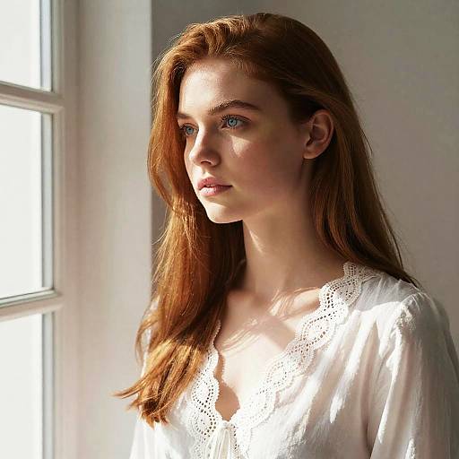 Young Woman with Auburn Hair by Sunlit Window