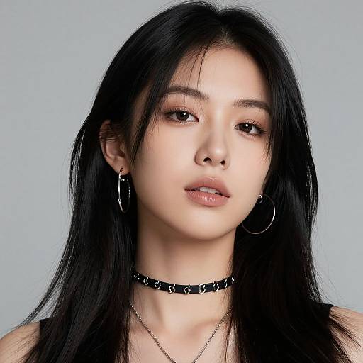 Photograph of an Asian woman with long black hair, light skin, wearing a black choker, silver hoop earrings, and subtle makeup, against a