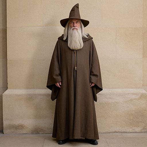 Photograph of a white, elderly wizard with a long white beard, brown robe, and pointed hat, standing against a beige stone wall.