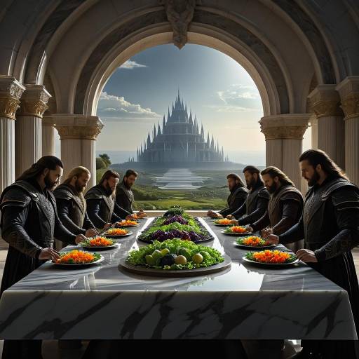 Medieval Warriors Dining with Castle View