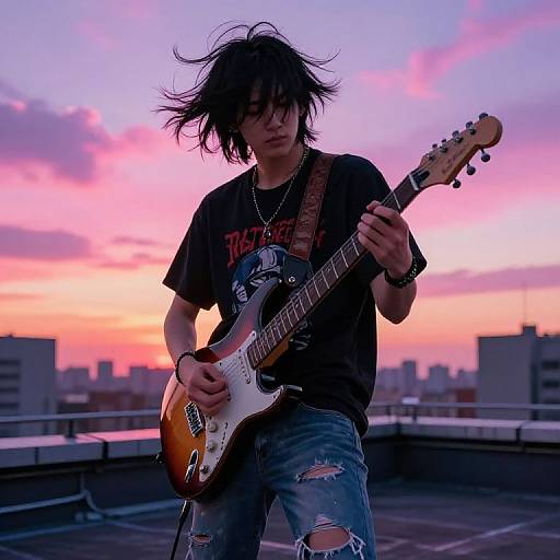 Photograph of a young man with messy black hair playing a sunburst electric guitar on a rooftop at sunset, wearing a black t-shirt, ripped jeans