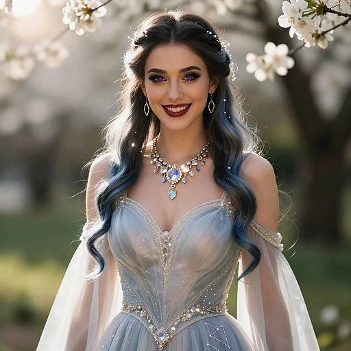 Elegant Woman in Fantasy Gown with Violet Eyes
