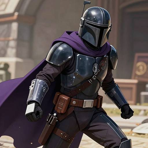 Digital artwork of a black-armored Mandalorian with a glossy helmet, purple cape, and brown belt, standing in a sunlit, stone-arch