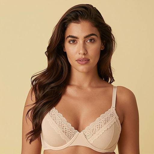 Woman in Beige Lace Bra with Wavy Hair
