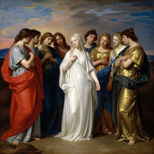 Baroque-style painting of a white-robed woman with serene expression, surrounded by six women in varied colorful garments, with a sunset sky backdrop.