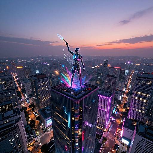 Photograph of a futuristic, neon-lit statue of a superhero standing triumphantly on a skyscraper at sunset, with a cityscape of illuminated buildings