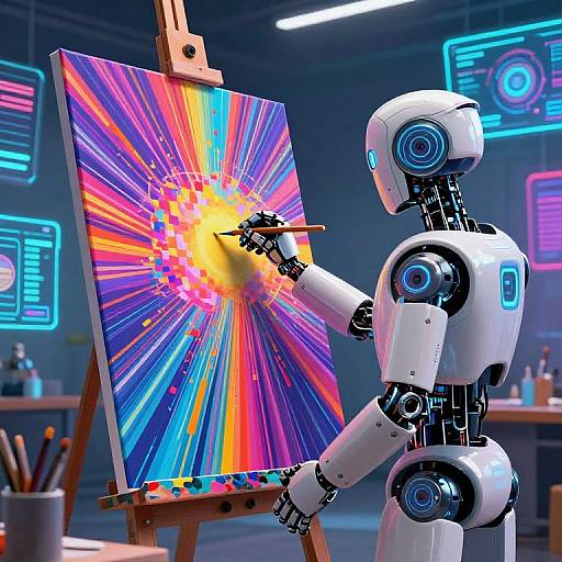 Photograph of a white, robot artist painting a vibrant, neon rainbow on an easel in a futuristic, neon-lit studio.