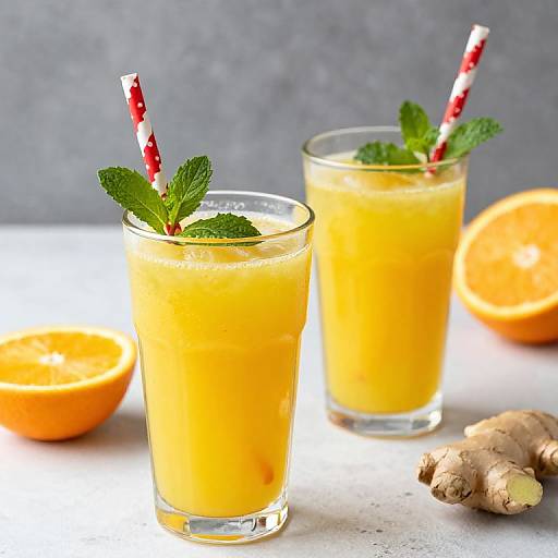 Photograph of two glass cups with orange smoothies, red-striped straws, mint garnish, and ginger pieces, beside halved oranges.