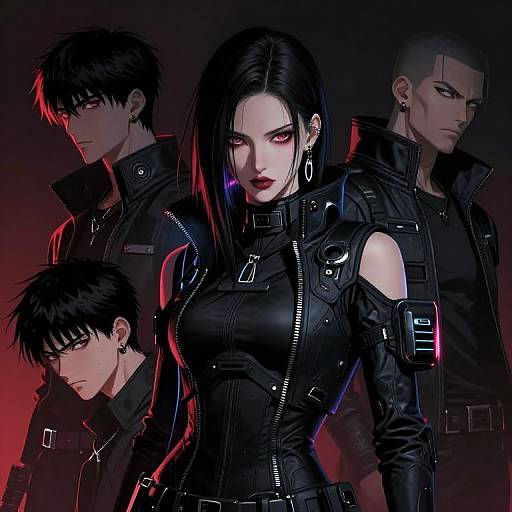 Digital illustration of four intense, black-clad characters with dark hair, red and blue lighting, and cyberpunk attire, standing in a shadowy background