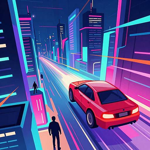 Digital art of a neon-lit futuristic city street at night. A red car speeds down the illuminated road, with two silhouetted pedestrians on