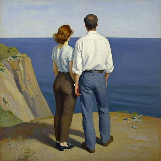 Oil painting of a couple with red-haired woman in brown pants and white blouse, and bald man in white shirt and blue pants, standing on cliff overlooking