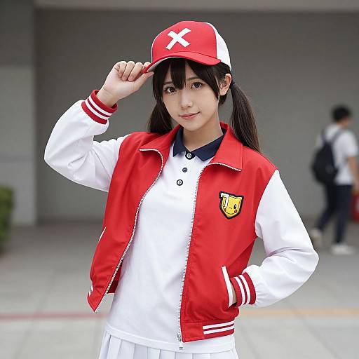 Photograph of an Asian woman with black pigtails, wearing a red and white anime-style sports jacket, cap, and uniform, posing outdoors.