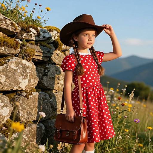 Young Girl in Red Dress by Stone Wall