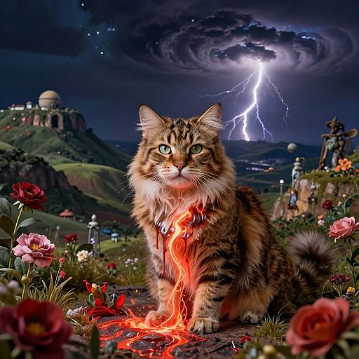 Photorealistic digital art of a tabby cat with fiery flames on its chest, standing in a vibrant flower garden under a stormy sky with a