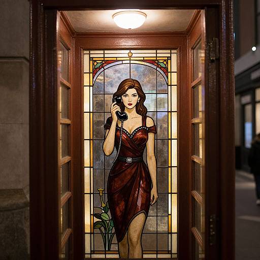 Digital artwork of a brunette woman in a red dress, holding a black phone, standing in a warmly lit, stained-glass doorway.