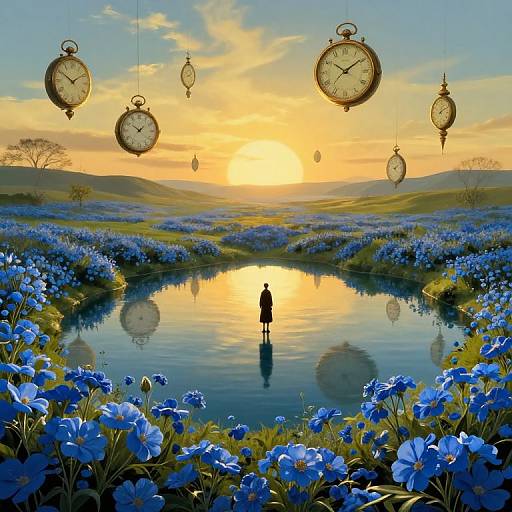 Digital artwork of a silhouetted figure standing in a reflective pond surrounded by blue flowers, with hanging clocks in the sunset sky.