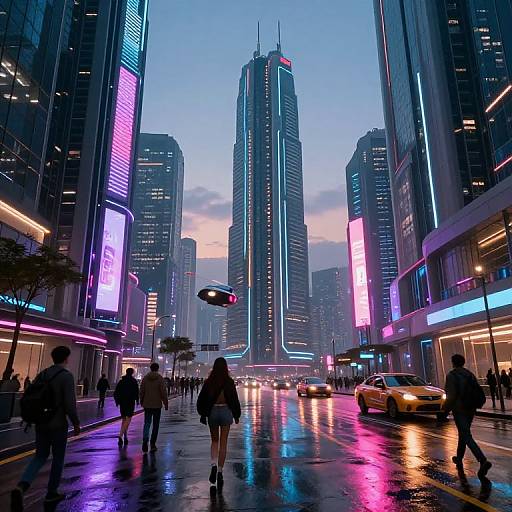 Neon-lit urban street at dusk with towering skyscrapers, glowing billboards, wet reflective road, pedestrians, and a yellow taxi. Fut