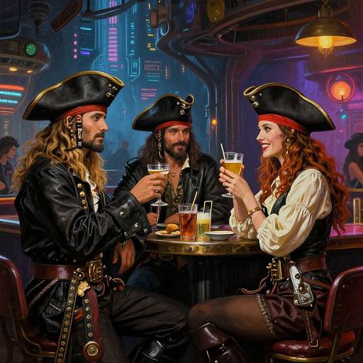 Photograph of two pirates with long hair, black tricorn hats, leather jackets, and white shirts, drinking at a neon-lit bar. A