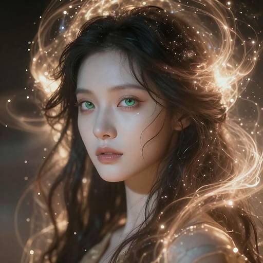 Digital art of a fair-skinned, green-eyed woman with long, flowing dark hair, surrounded by glowing, ethereal golden light and sparkles.