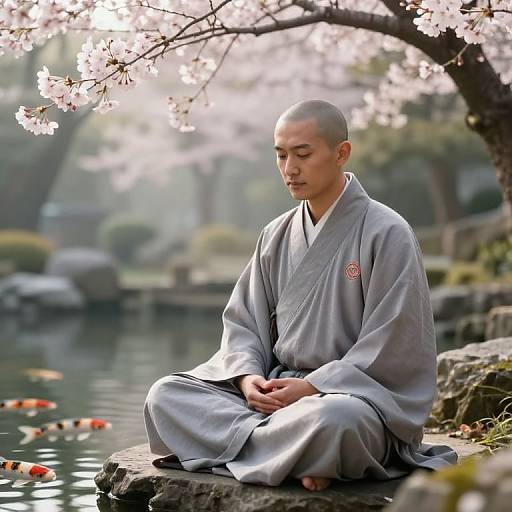 Photograph of a serene young Japanese man in a grey kimono, meditating by a cherry blossom tree over a koi pond.