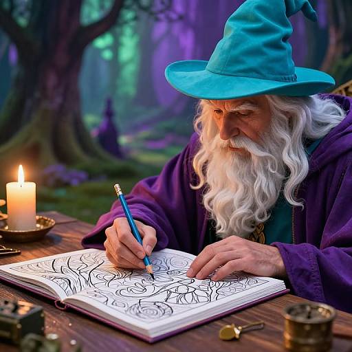 Magical wizard with blue hat, white beard, purple robe, sketching intricate roses by candlelight in enchanted forest. Photograph.