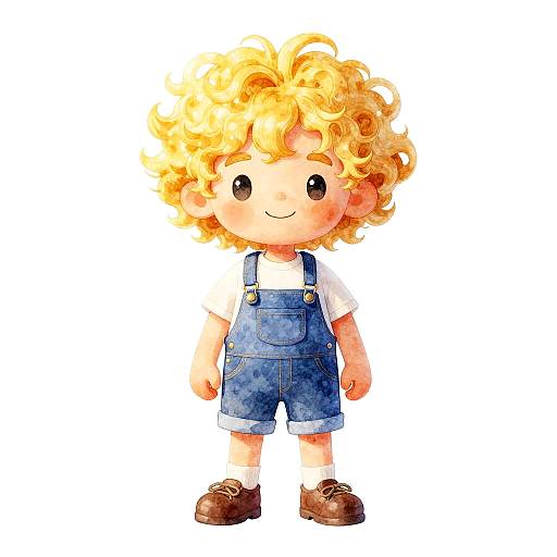 Watercolor-style drawing of a cute blonde boy with curly hair, wearing blue overalls, white shirt, and brown shoes, smiling with rosy cheeks