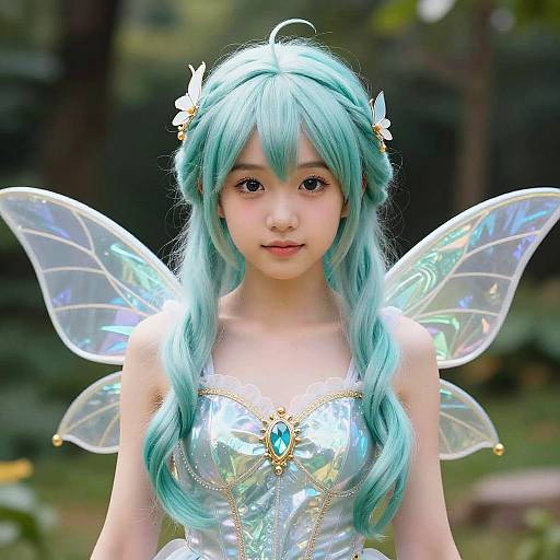 Photograph of an Asian woman with long turquoise hair, fairy wings, and a shimmering silver dress with a blue gem, in a forest.