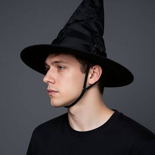 Man Wearing Witch Hat with Chin Strap