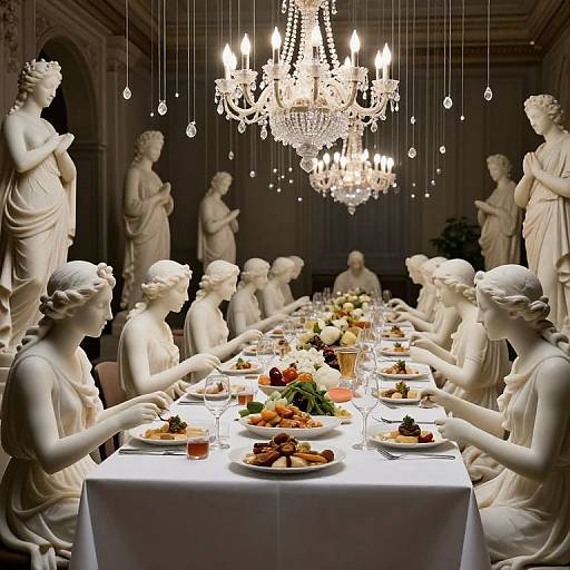 Photograph of a grand dining table set with life-sized white classical statues of women, elegant chandelier, and ornate room, surrounded by candlelit