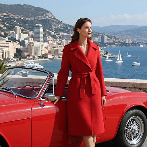 Photograph of a brunette woman in a red coat standing beside a red convertible, overlooking a coastal city with boats on the blue sea and mountains in the