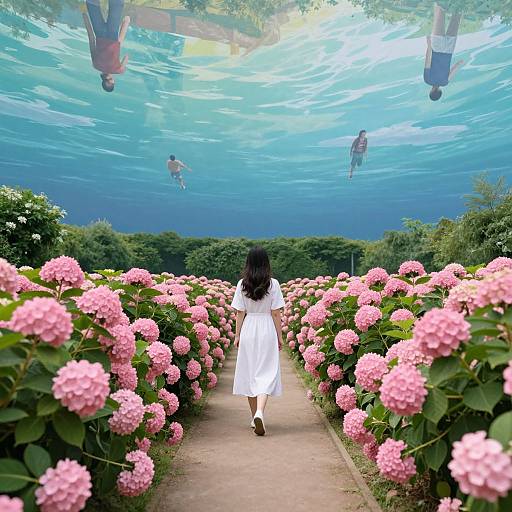 Photograph of a woman in a white dress walking through pink hydrangeas, with underwater reflections of people above. Sunlight filters through the water,