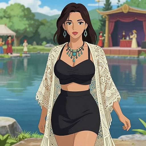 Digital anime-style drawing of a confident woman with dark hair, black crop top and skirt, white lace shawl, turquoise necklace and earrings, standing by