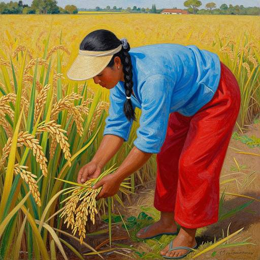 Photograph of a woman with dark skin, black braided hair, wearing a blue shirt, red pants, and straw hat, bending to pick golden