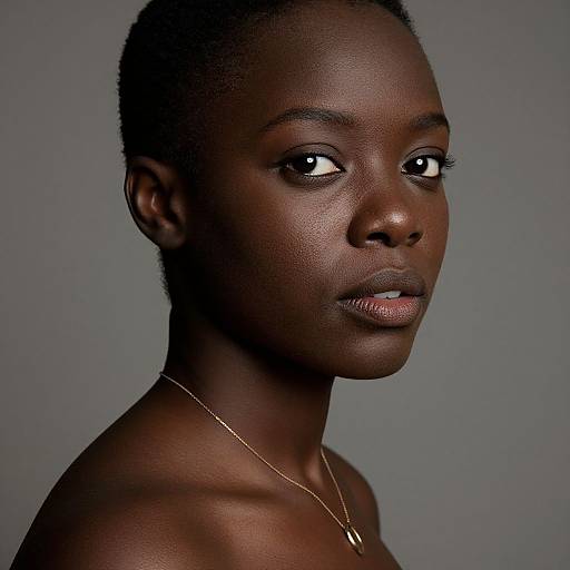 Photograph of a dark-skinned, topless woman with short hair, wearing a thin gold necklace, looking slightly to the right against a gray background