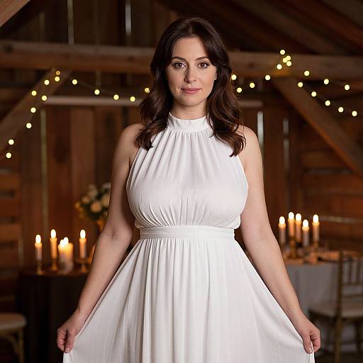 Photograph of a curvy woman with long dark hair, wearing a sleeveless white dress, standing in a warmly lit, rustic wooden room with string