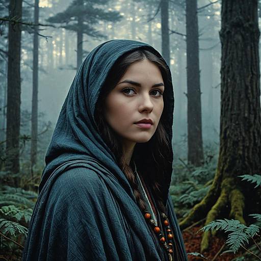 Portrait of Ancient Female Mystic in Foggy Forest