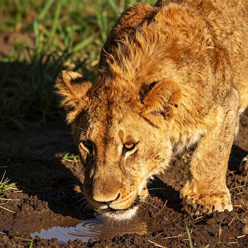 Photograph of a young lion cub with golden-brown fur, drinking from a muddy waterhole, sunlight highlighting its fur, grass and dirt in the