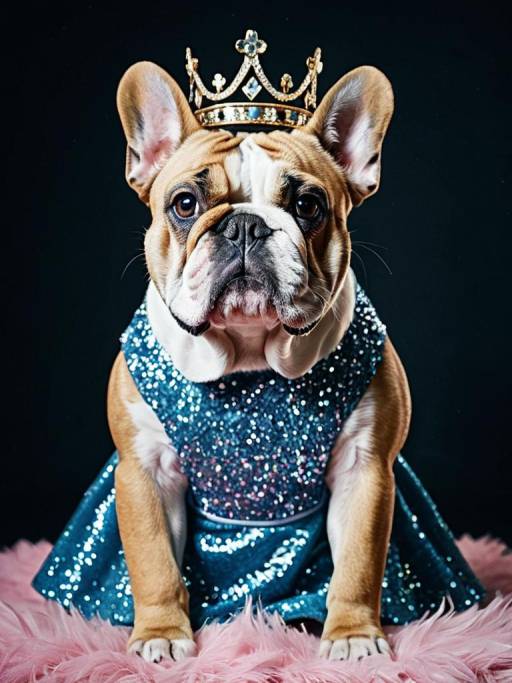 Bulldog in Sparkly Queen Dress with Crown