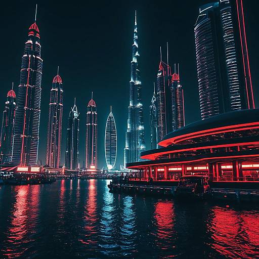 Hyper-Futuristic Dubai Waterfront at Night