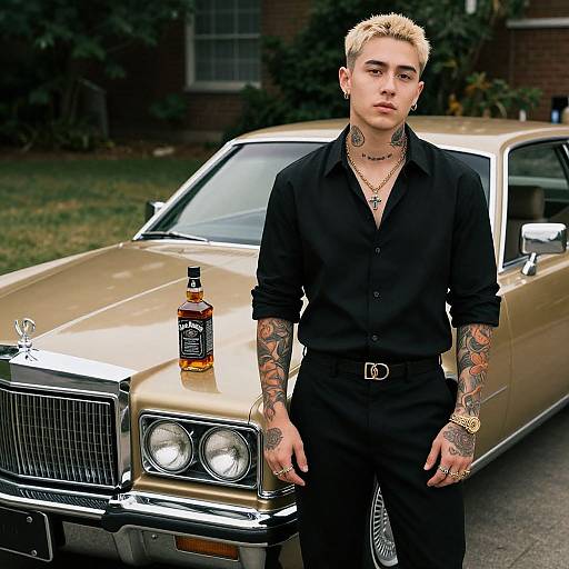 Tattooed young man with bleached hair, black shirt, and black pants stands in front of a gold vintage car, with a whiskey bottle