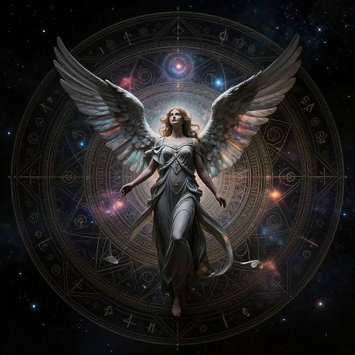 Digital art of a celestial angel with glowing wings, wearing a flowing silver dress, floating against a cosmic, mystical, illuminated backdrop.
