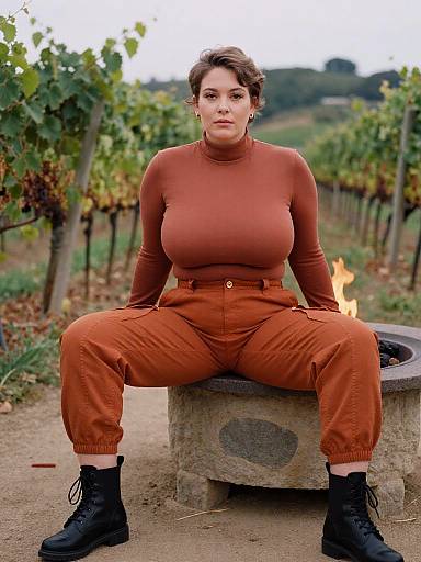 Photograph of a curvy woman with short brown hair, wearing a rust-colored turtleneck and high-waisted pants, sitting on a stone