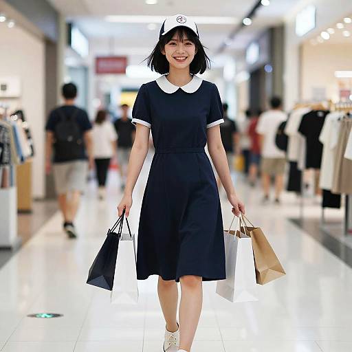 Photograph of an Asian woman with short black hair, wearing a black dress with white collar, black hat, holding shopping bags, smiling, walking in