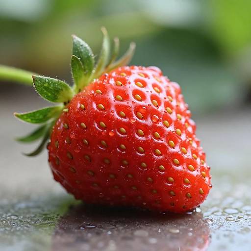 Close-up photograph of a vibrant, ripe red strawberry with small yellow seeds and green leaves, placed on a glossy, reflective surface.