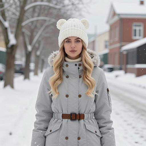 Woman in Winter Coat and Bear-Ear Beanie