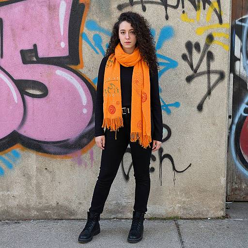 Photograph of a curly-haired woman with medium skin tone, wearing a black outfit, orange scarf, and black boots, standing against a graffiti-covered concrete